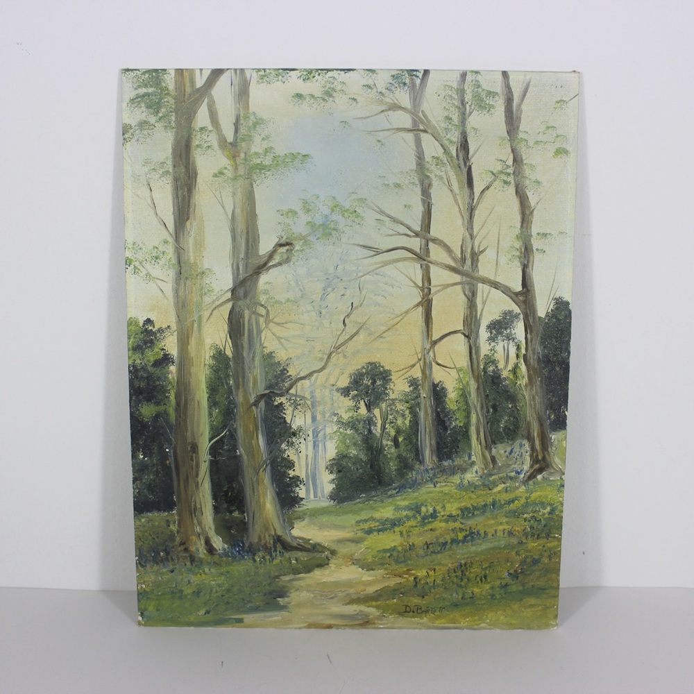 Vintage Landscape Oil Painting, Original Art, Signed by Artist Trees, Path